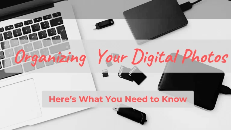 Laptop computer with external hard drive, USB thumb drives, and SD memory cards on a desk