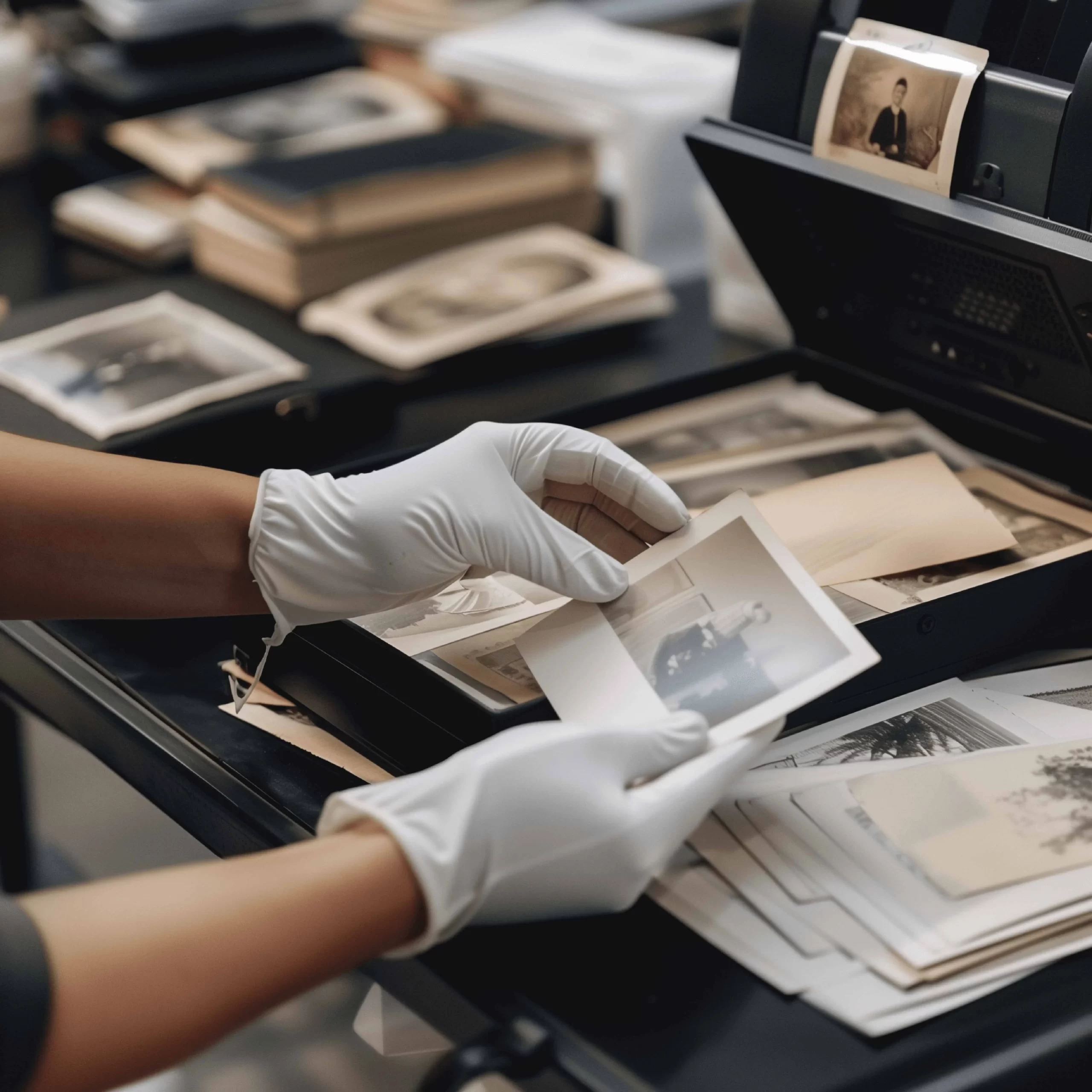 Handling photos with cotton gloves to protect prints from fingerprints and damage during photo scanning