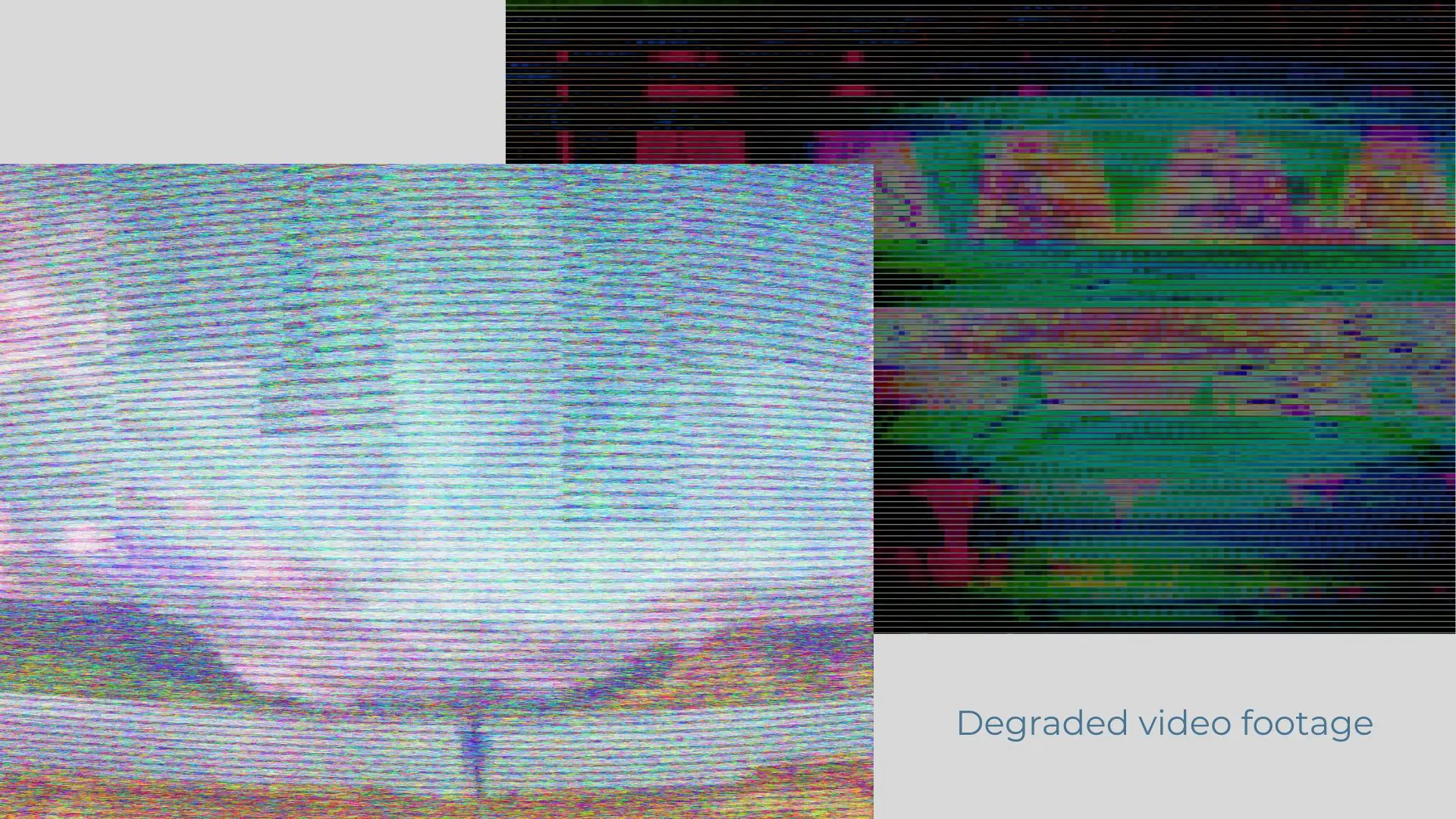 VHS Tape Degradation — Corrupted Video Footage – Your Photo Assistant – Your Photo Assistant Severely degraded VHS tape footage showing color distortion, scan line artifacts, and signal dropout