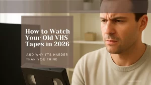 how-to-watch-old-vhs-tapes-in-2026 – Your Photo Assistant Confused man holding a VHS tape while trying to figure out how to play it in 2026