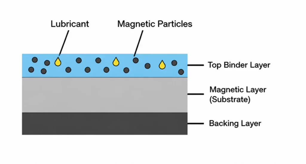 VHS tape cross-section diagram showing magnetic coating and tape layers – Your Photo Assistant Diagram of VHS tape cross-section showing top binder layer with magnetic particles and lubricant, magnetic substrate layer, and backing layer
