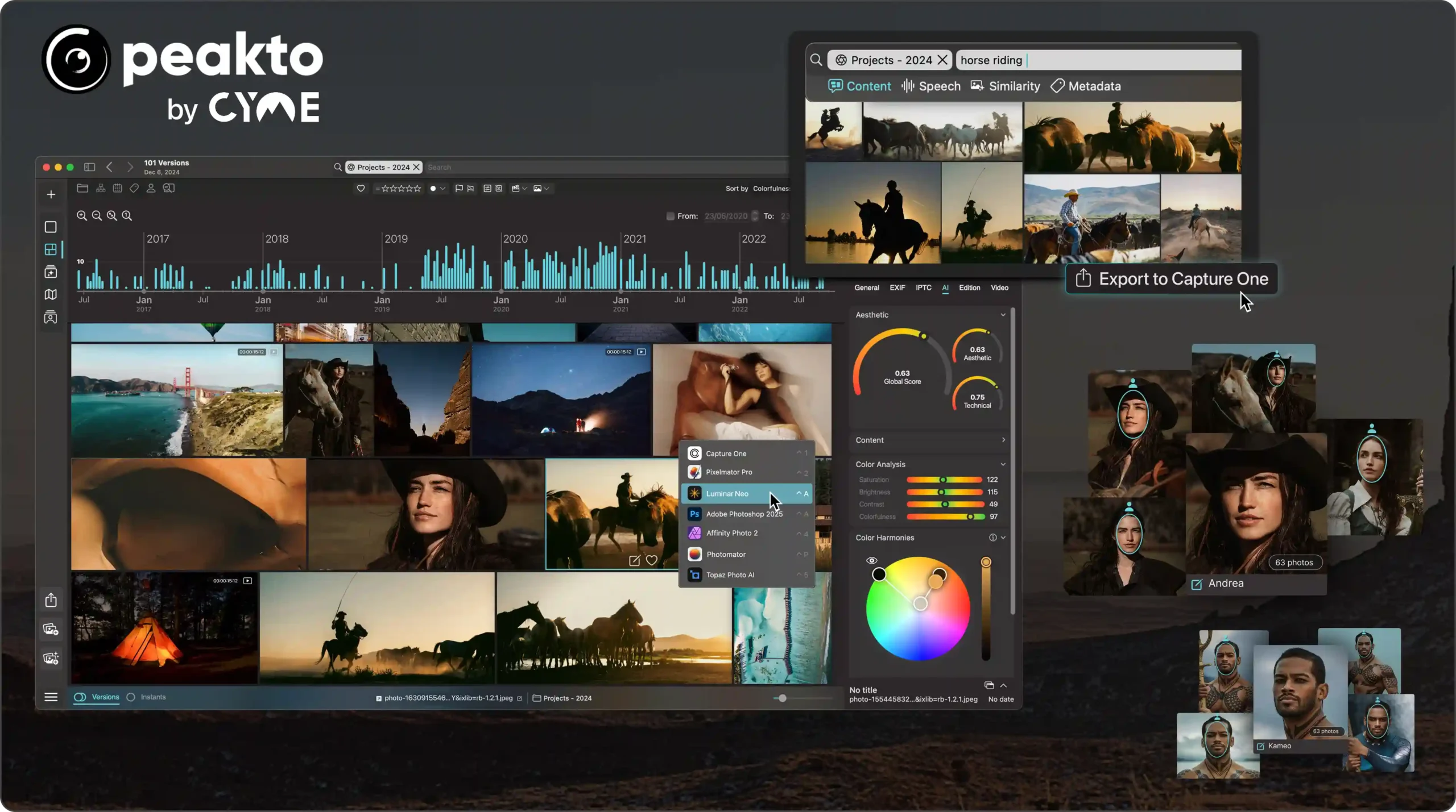 Peakto by CYME Universal Photo Hub – Your Photo Assistant Peakto by CYME showing a unified photo library timeline, AI search, and color analysis panels