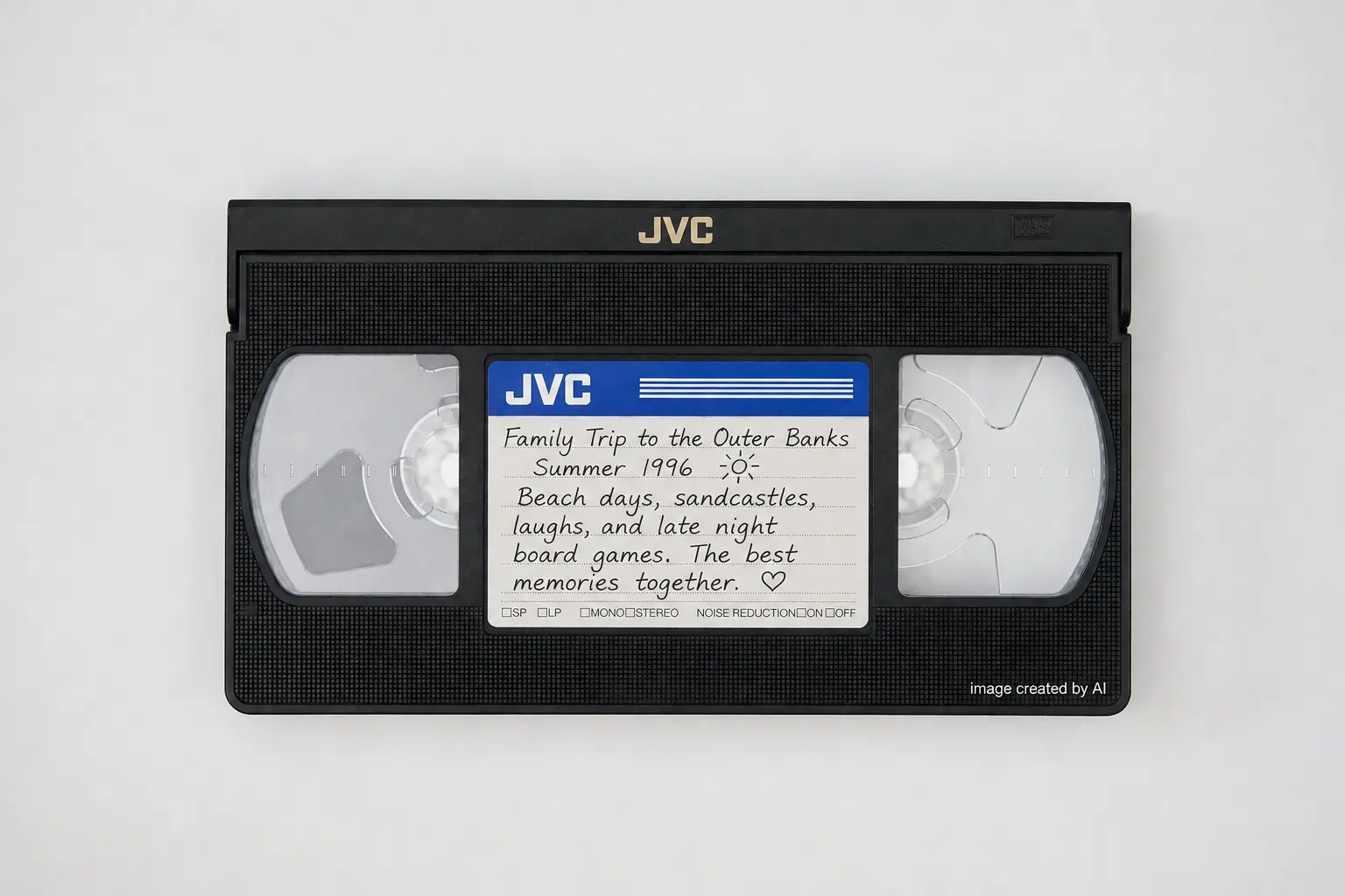 VHS Tape with Handwritten Family Label – Your Photo Assistant VHS tape with a handwritten label from a 1996 family beach trip, the kind of memory worth converting to digital